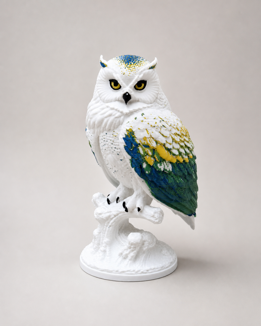Northern Lights Owl – mehrfarbige Schneeeulen-Skulptur FehnFactory