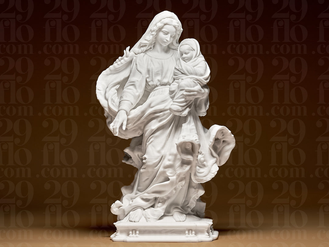 Marienfigur mit Jesuskind – freistehende Skulptur auf Ziersockel FehnFactory