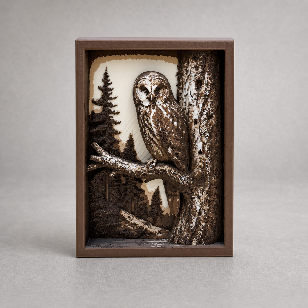 Silent Sentinel Eule – gerahmte Schattenbox FehnFactory
