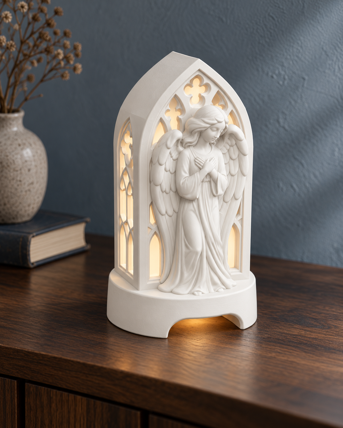 Engel im Spitzbogen – LED-Teelichthalter – 01_weiss_raum