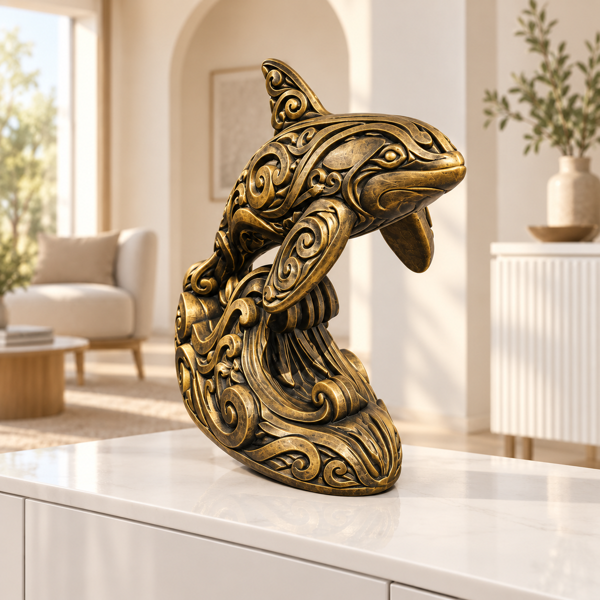 Orca auf Welle Ornament - Gold handbemalt Wohnzimmer