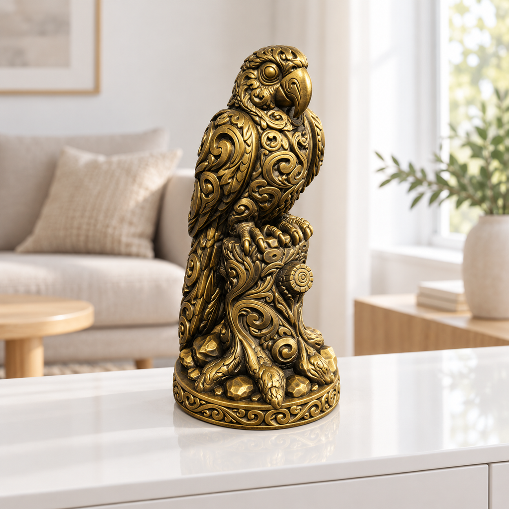 Ara auf Baumstumpf Ornament - Gold handbemalt Wohnzimmer