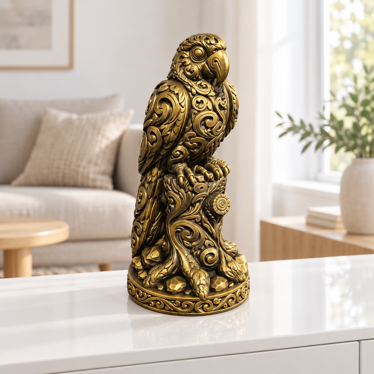 Ara auf Baumstumpf Ornament - Gold handbemalt Wohnzimmer