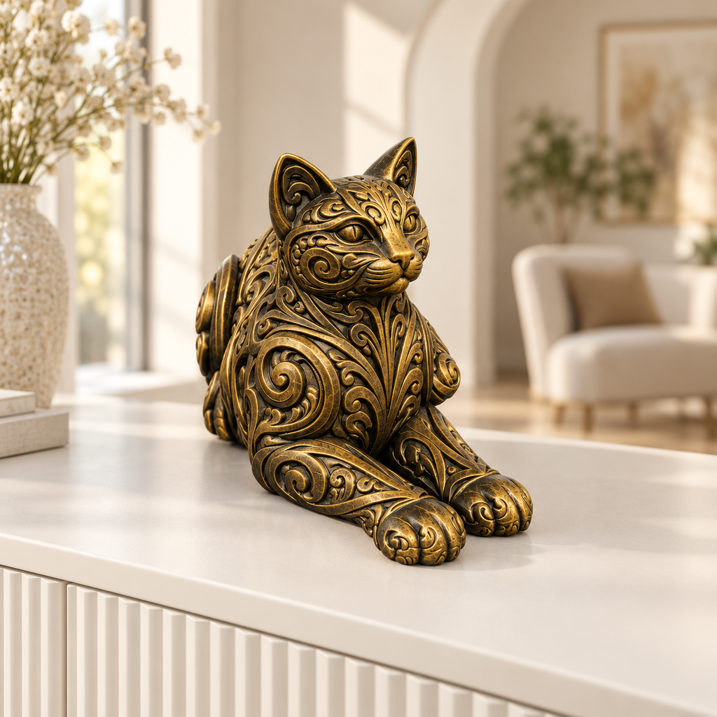 Liegende Katze Ornament - Gold handbemalt Wohnzimmer