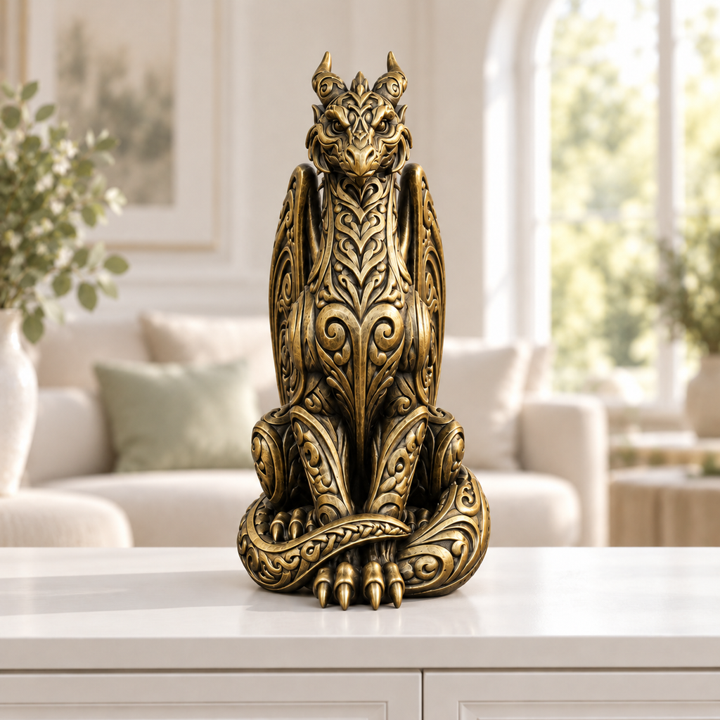 Sitzender Drache Ornament - Gold handbemalt Wohnzimmer