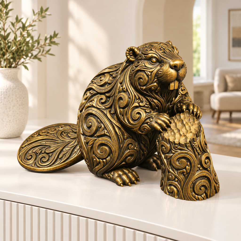 Biber am Baumstamm Ornament - Gold handbemalt Wohnzimmer
