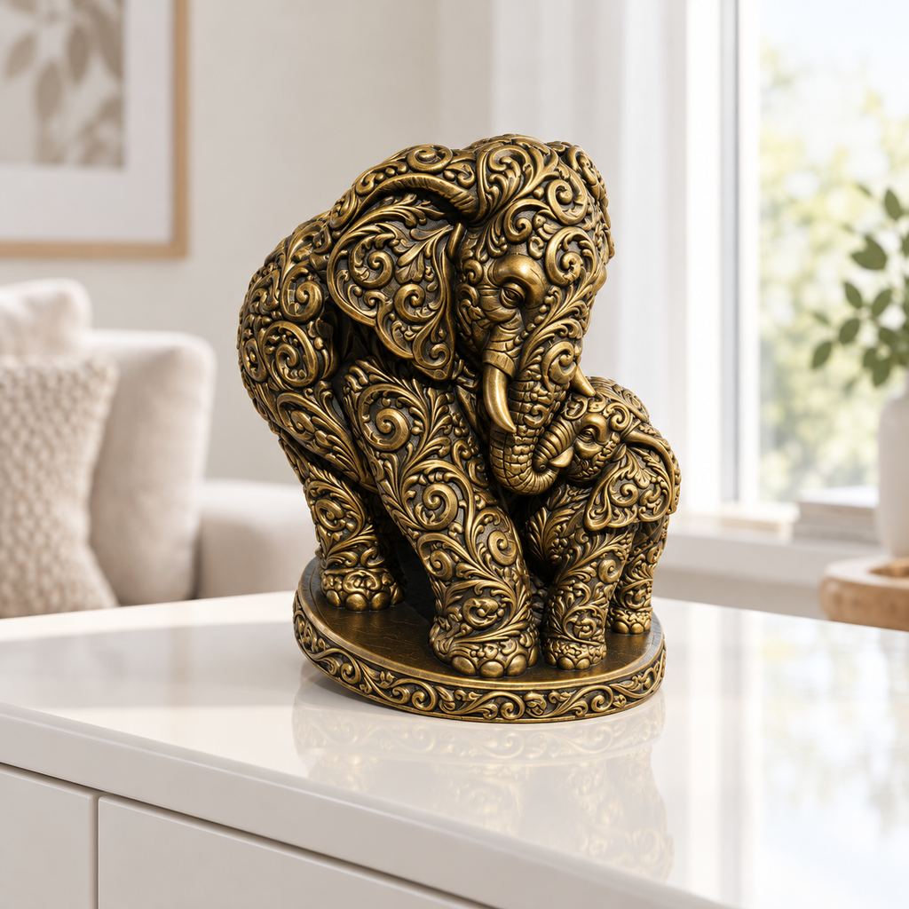 Elefant mit Kalb Ornament - Gold handbemalt Wohnzimmer