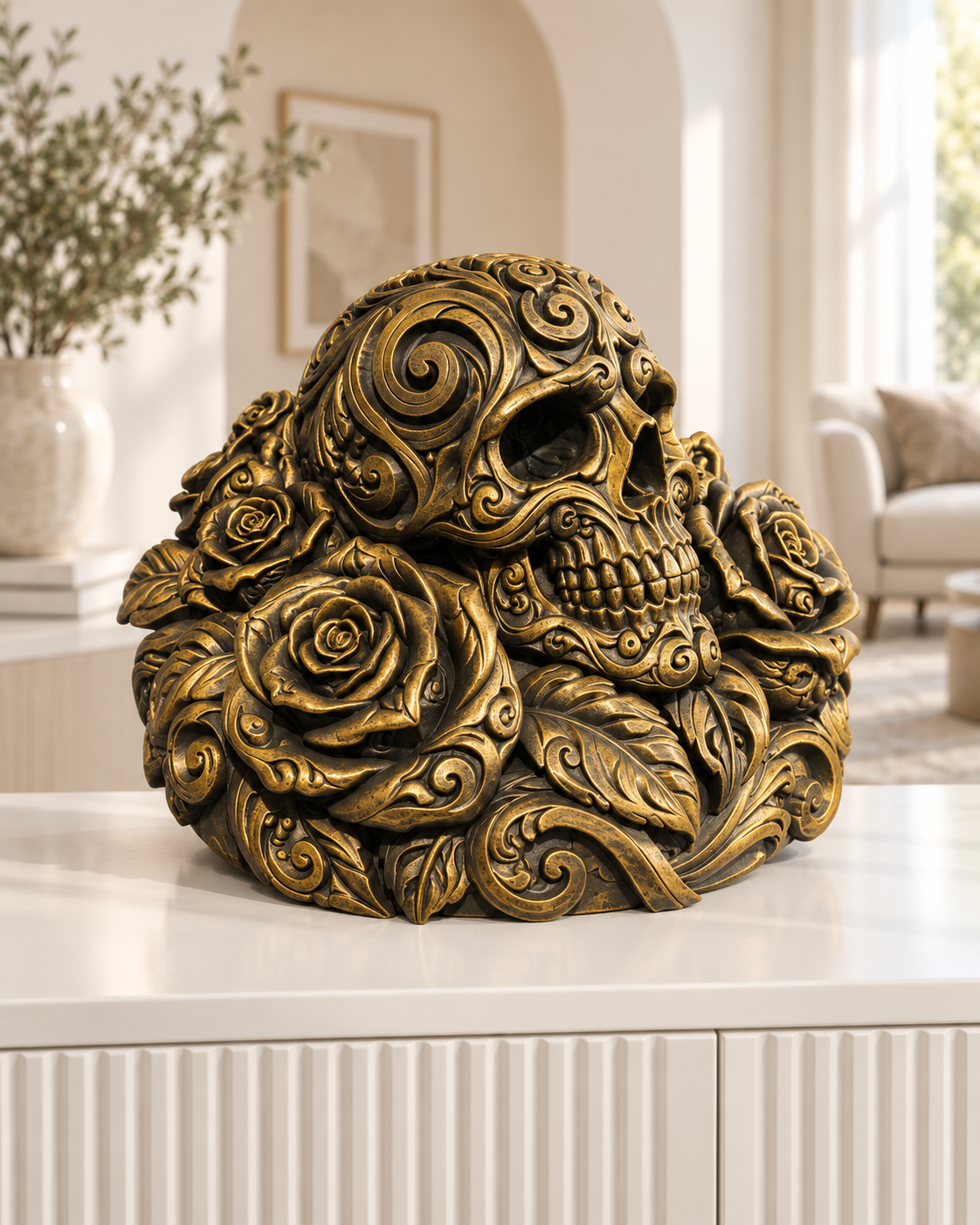 Totenkopf Rosen Ornament - Gold handbemalt Wohnzimmer