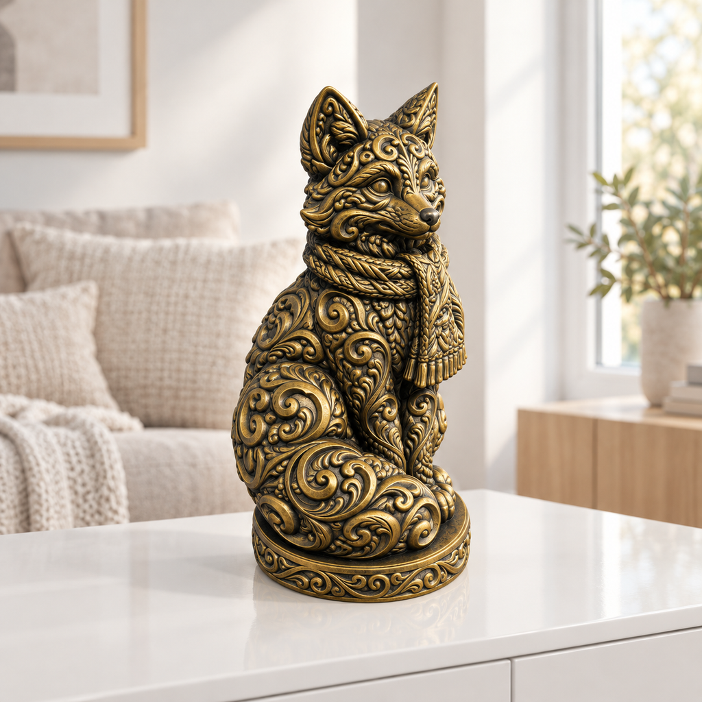 Fuchs mit Schal Ornament - Gold handbemalt Wohnzimmer