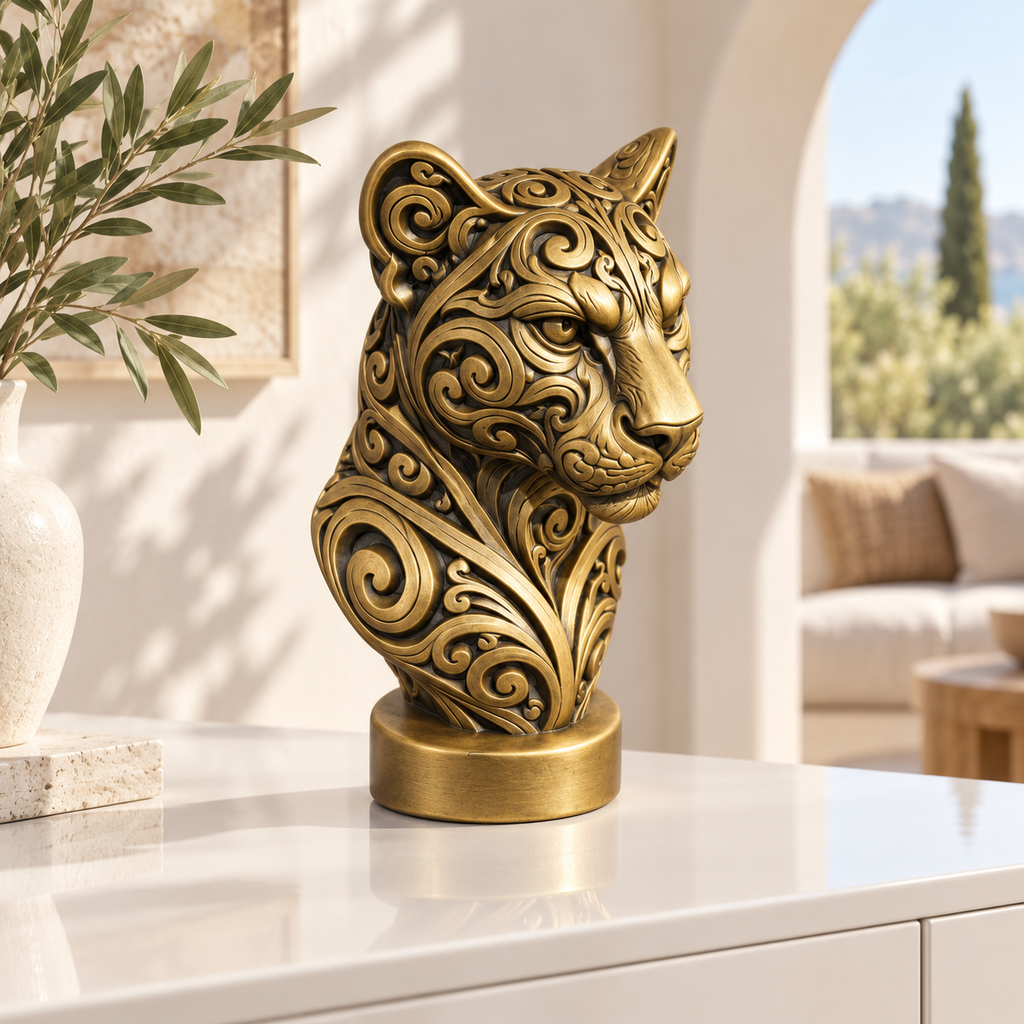 Puma Büste Ornament - Gold handbemalt Wohnzimmer