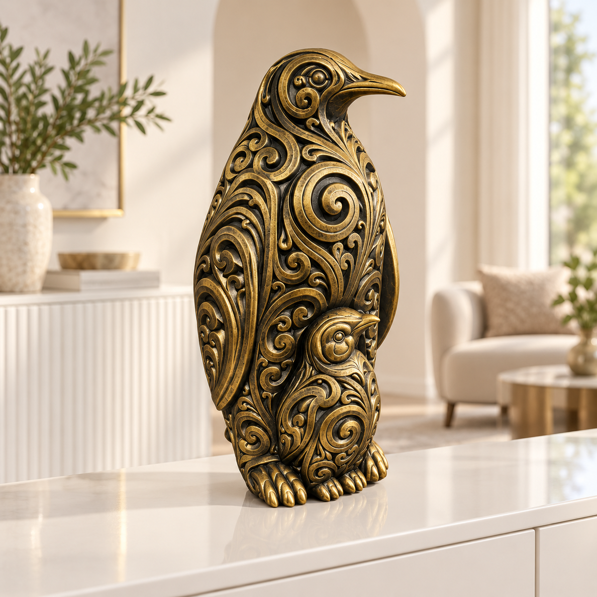 Pinguin mit Küken Ornament - Gold handbemalt Wohnzimmer