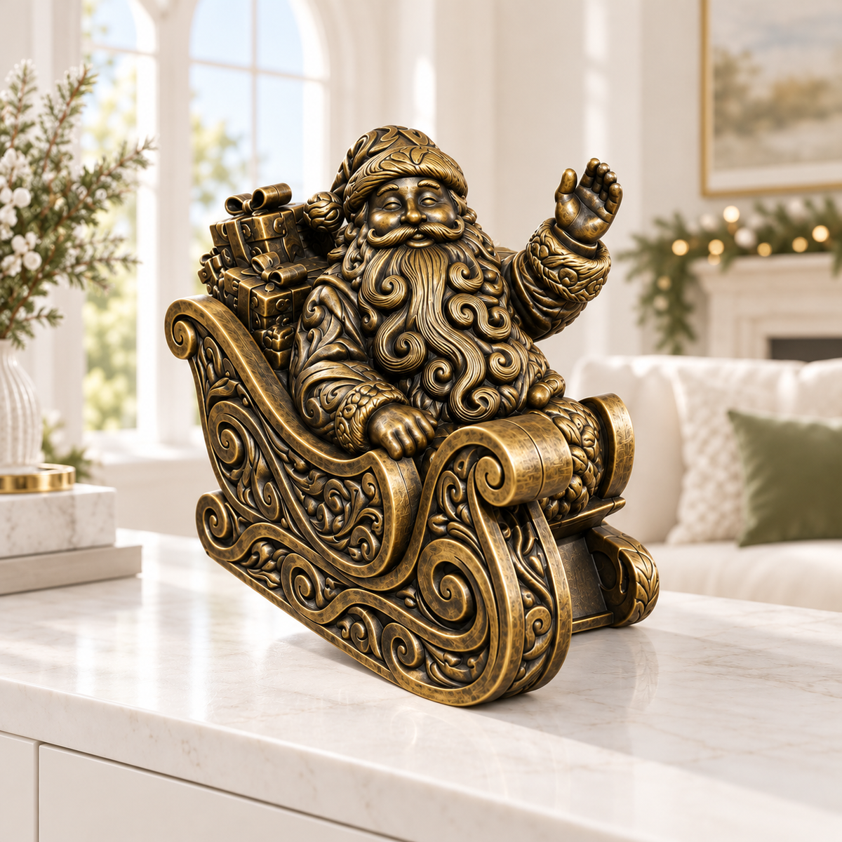 Santa im Schlitten Ornament - Gold handbemalt Wohnzimmer