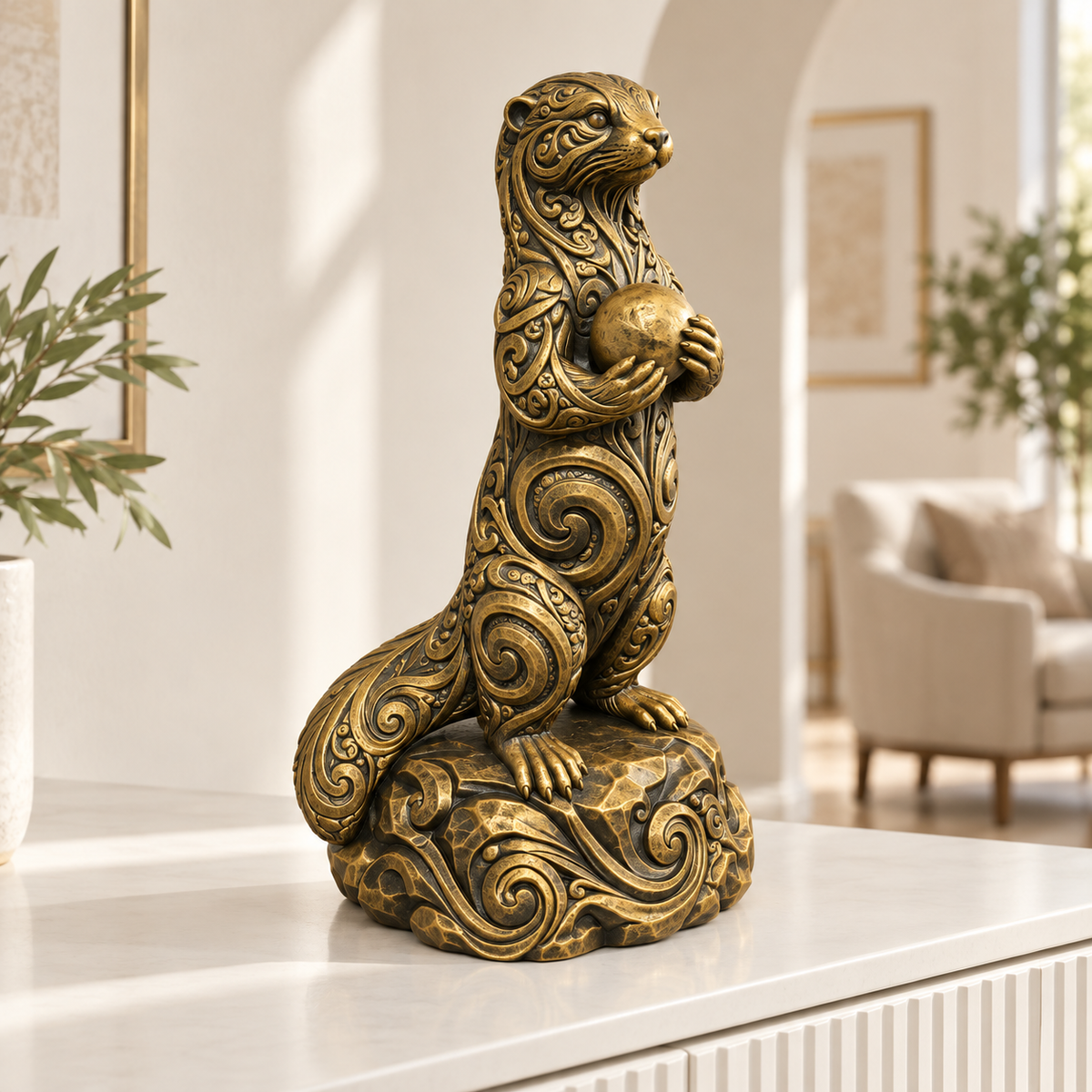 Otter mit Stein Ornament - Gold handbemalt Wohnzimmer
