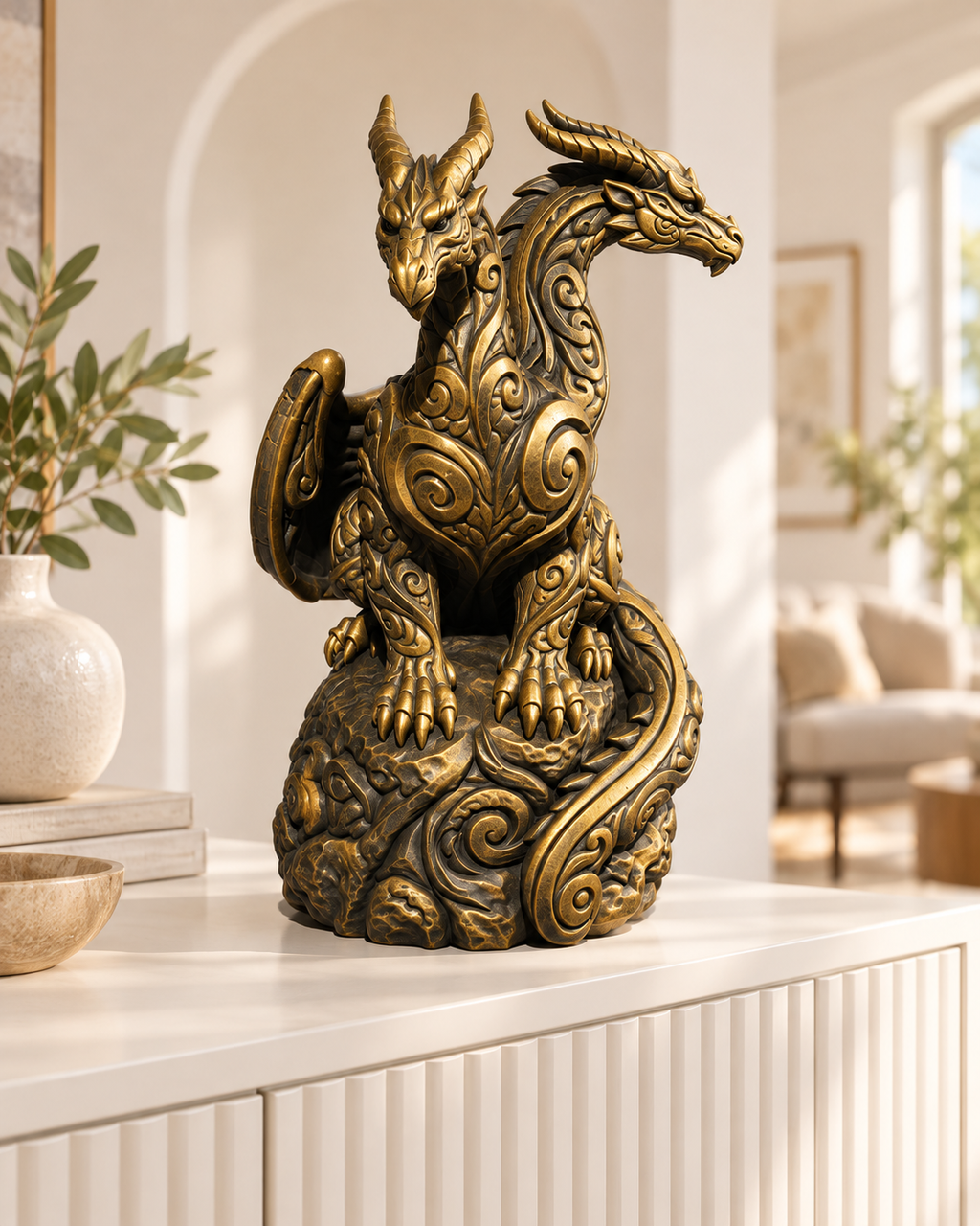 Zweiköpfiger Drache Ornament - Gold handbemalt Wohnzimmer