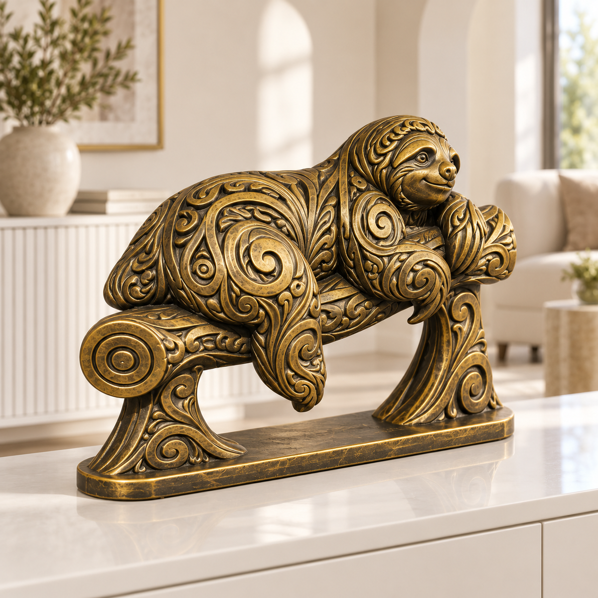 Faultier auf Ast Ornament - Gold handbemalt Wohnzimmer