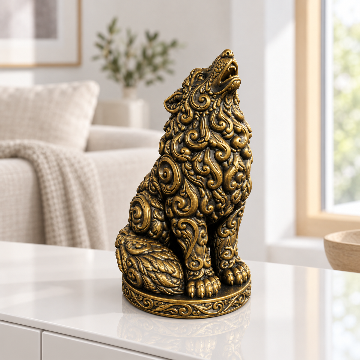 Wolf heulend Ornament - Gold handbemalt Wohnzimmer