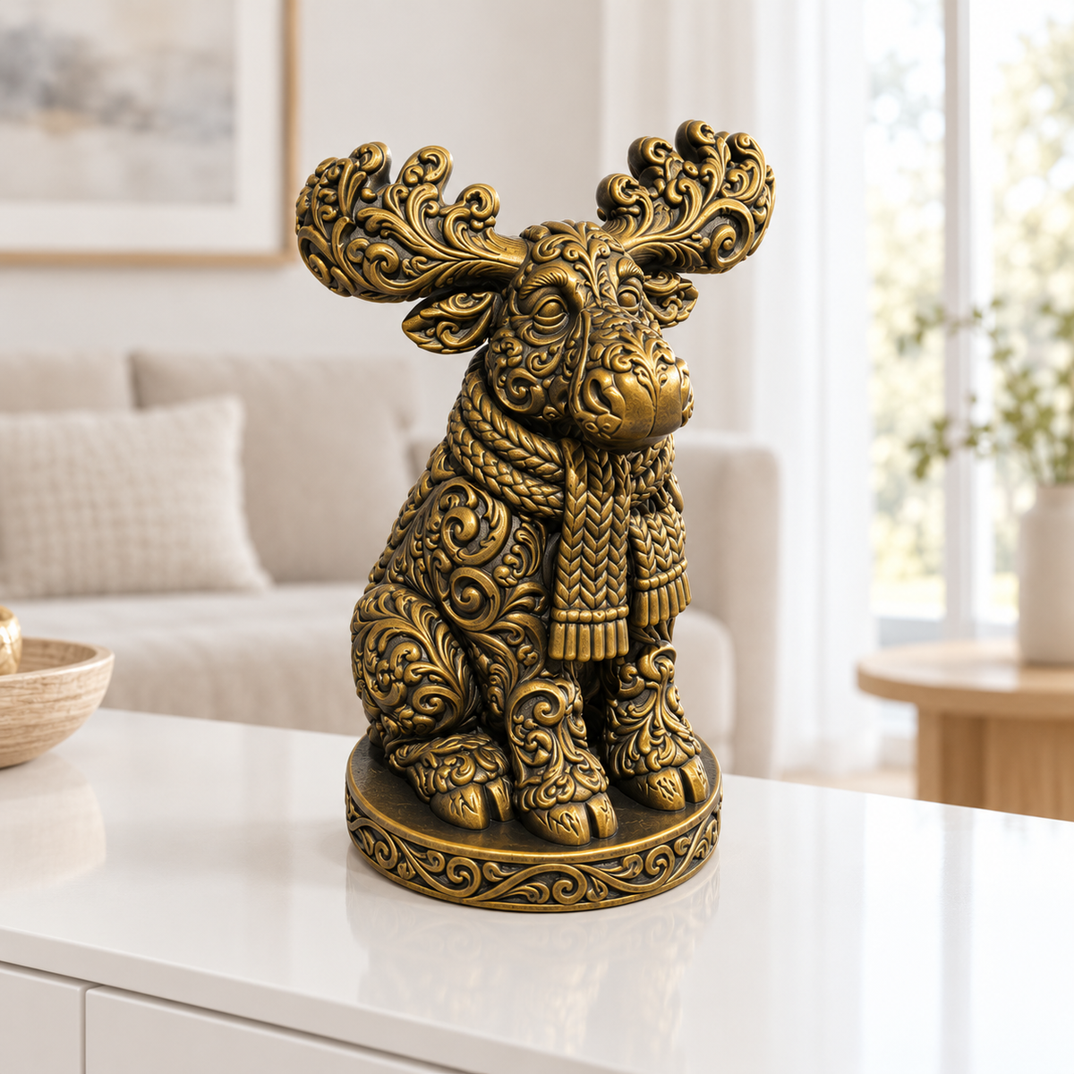 Elch mit Schal Ornament - Gold handbemalt Wohnzimmer