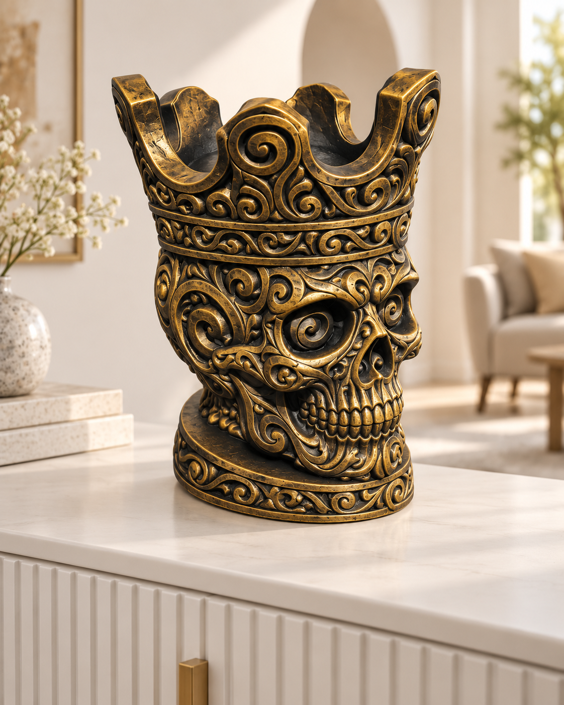 Totenkopf mit Krone Ornament - Gold handbemalt Wohnzimmer