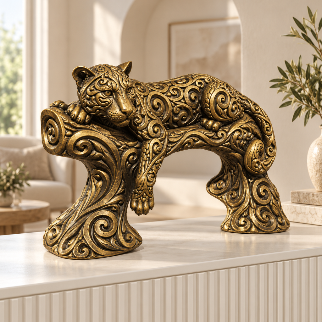 Leopard auf Ast Ornament - Gold handbemalt Wohnzimmer