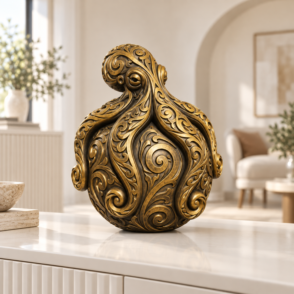 Krake auf Kugel Ornament - Gold handbemalt Wohnzimmer