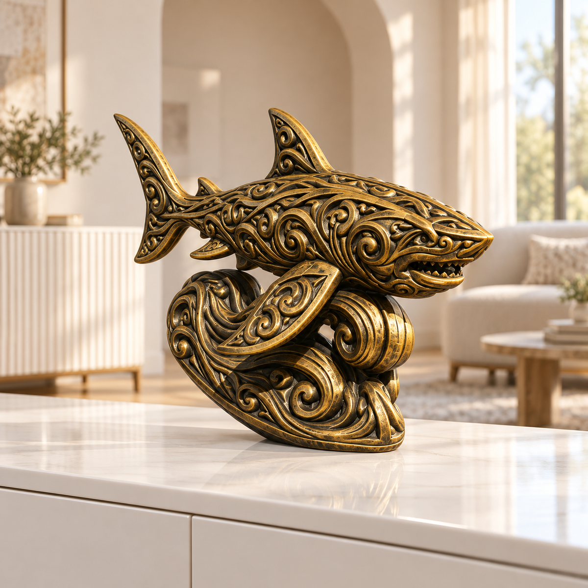Hai auf Welle Ornament - Gold handbemalt Wohnzimmer