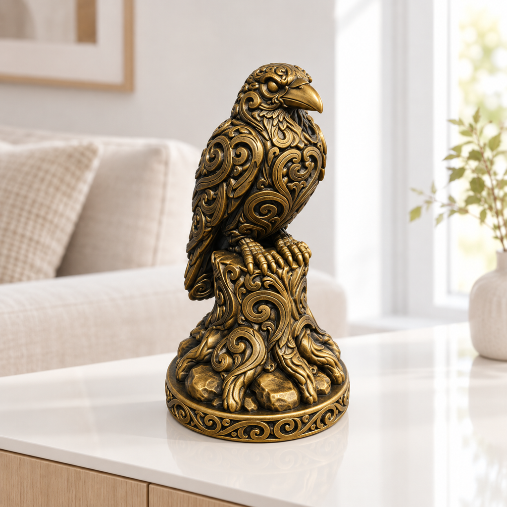 Rabe auf Baumstumpf Ornament - Gold handbemalt Wohnzimmer