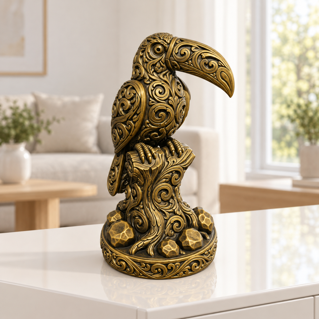 Tukan auf Baumstumpf Ornament - Gold handbemalt Wohnzimmer