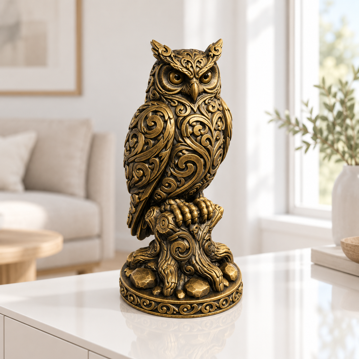 Uhu auf Baumstumpf Ornament - Gold handbemalt Wohnzimmer