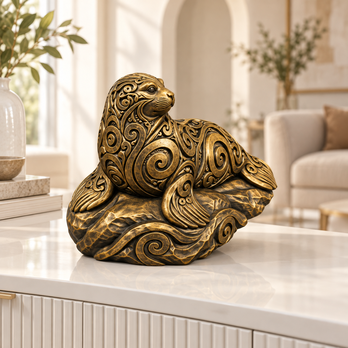 Robbe auf Felsen Ornament - Gold handbemalt Wohnzimmer
