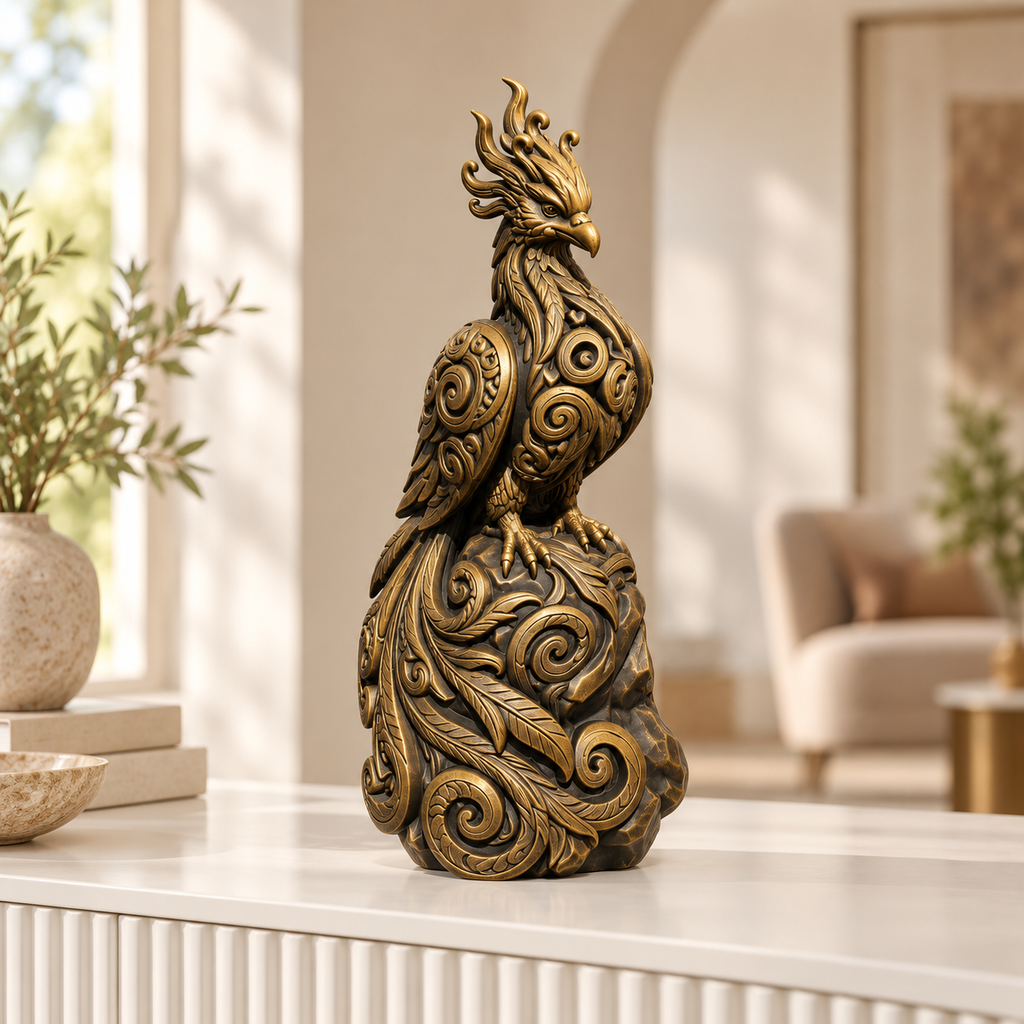 Sitzender Phönix Ornament - Gold handbemalt Wohnzimmer