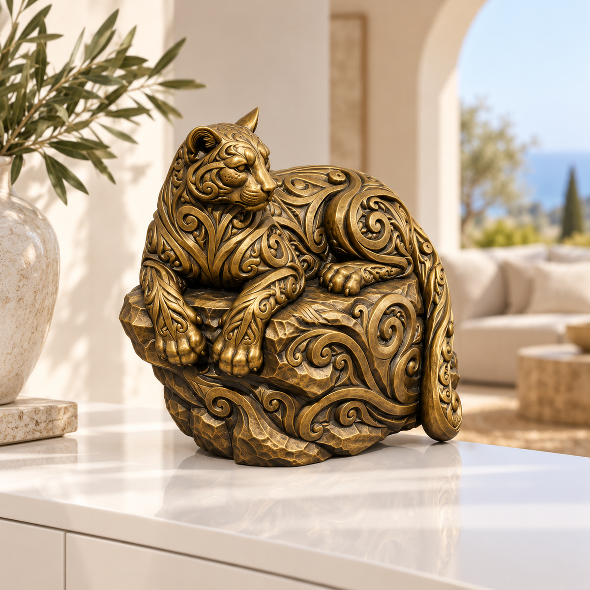 Puma auf Felsvorsprung Ornament - Gold handbemalt Wohnzimmer