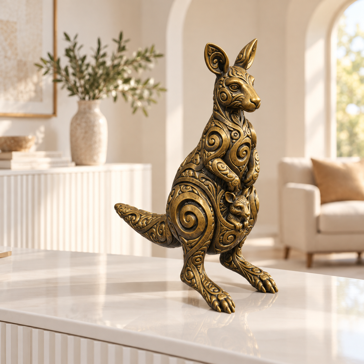 Känguru mit Jungtier Ornament - Gold handbemalt Wohnzimmer