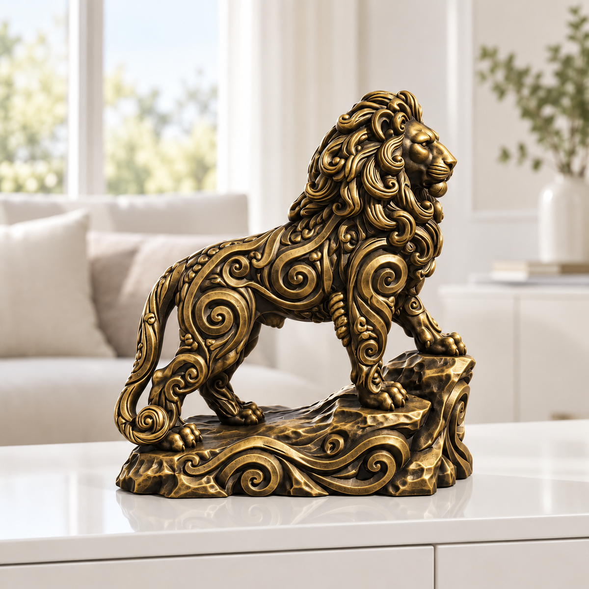 Löwe auf Fels Ornament - Gold handbemalt Wohnzimmer