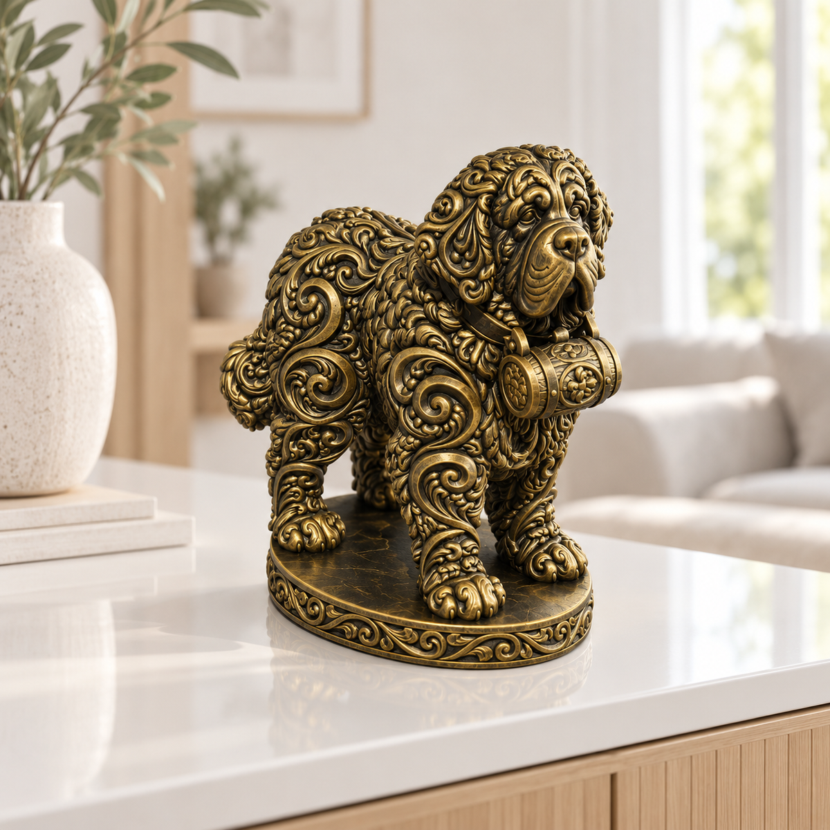 Bernhardiner mit Fass Ornament - Gold handbemalt Wohnzimmer