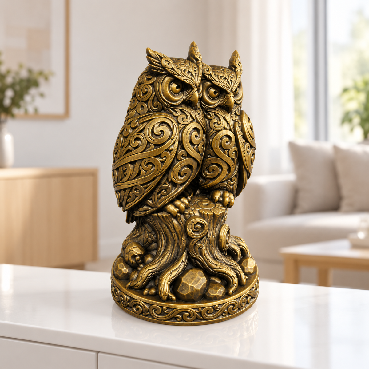 Eulenpaar auf Stamm Ornament - Gold handbemalt Wohnzimmer