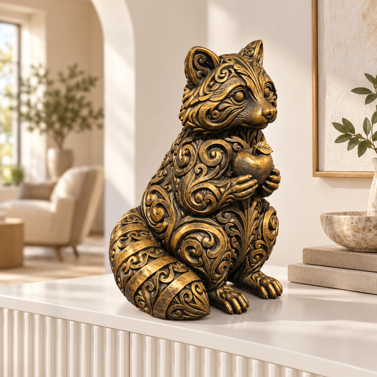 Waschbär mit Apfel Ornament - Gold handbemalt Wohnzimmer