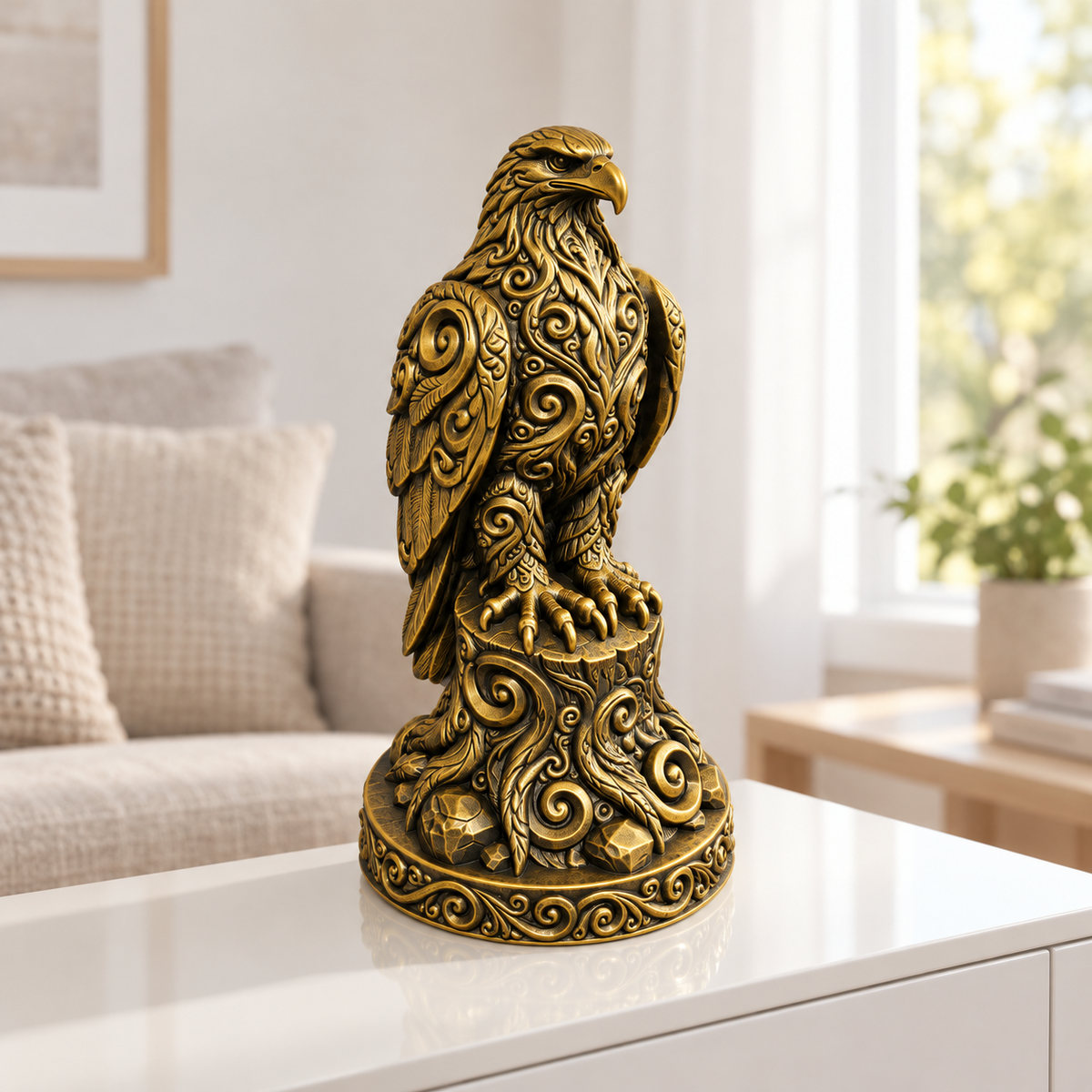 Steinadler auf Stamm Ornament - Gold handbemalt Wohnzimmer