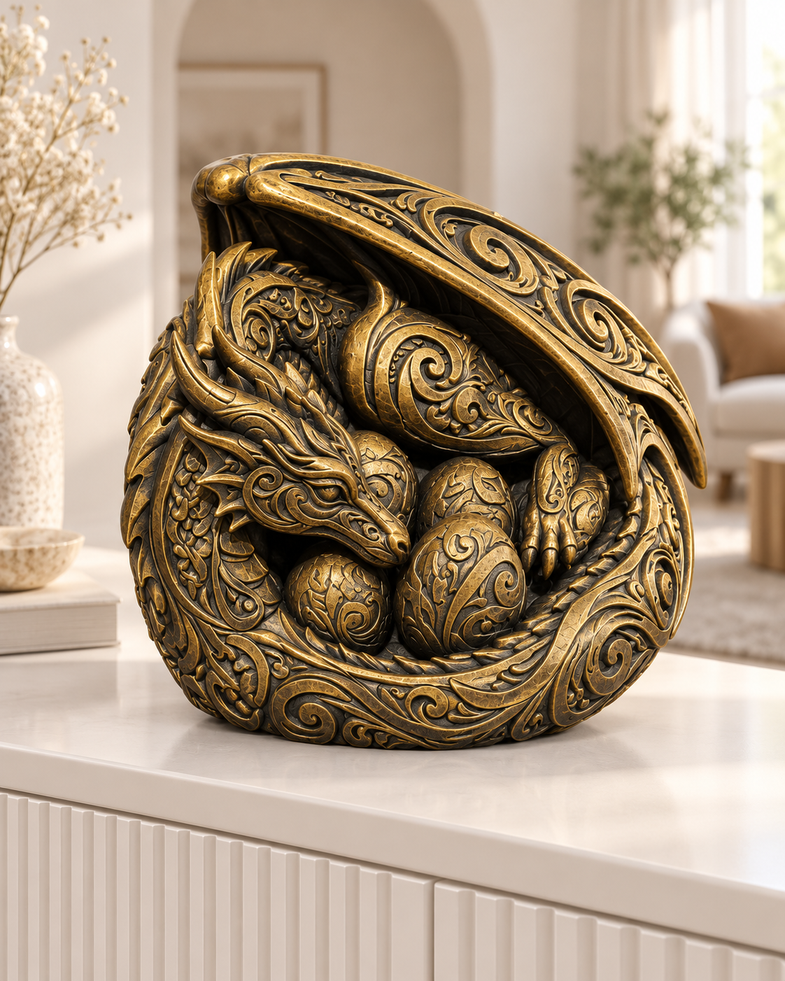 Drachenmutter mit Eiern Ornament - Gold handbemalt Wohnzimmer