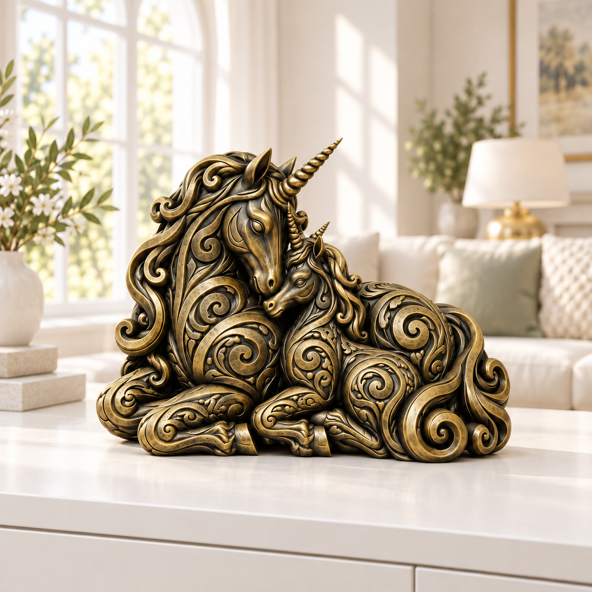 Einhorn mit Fohlen Ornament - Gold handbemalt Wohnzimmer