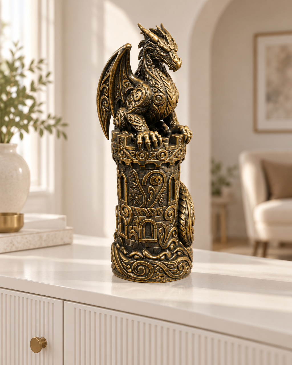 Drache auf Burgturm Ornament - Gold handbemalt Wohnzimmer