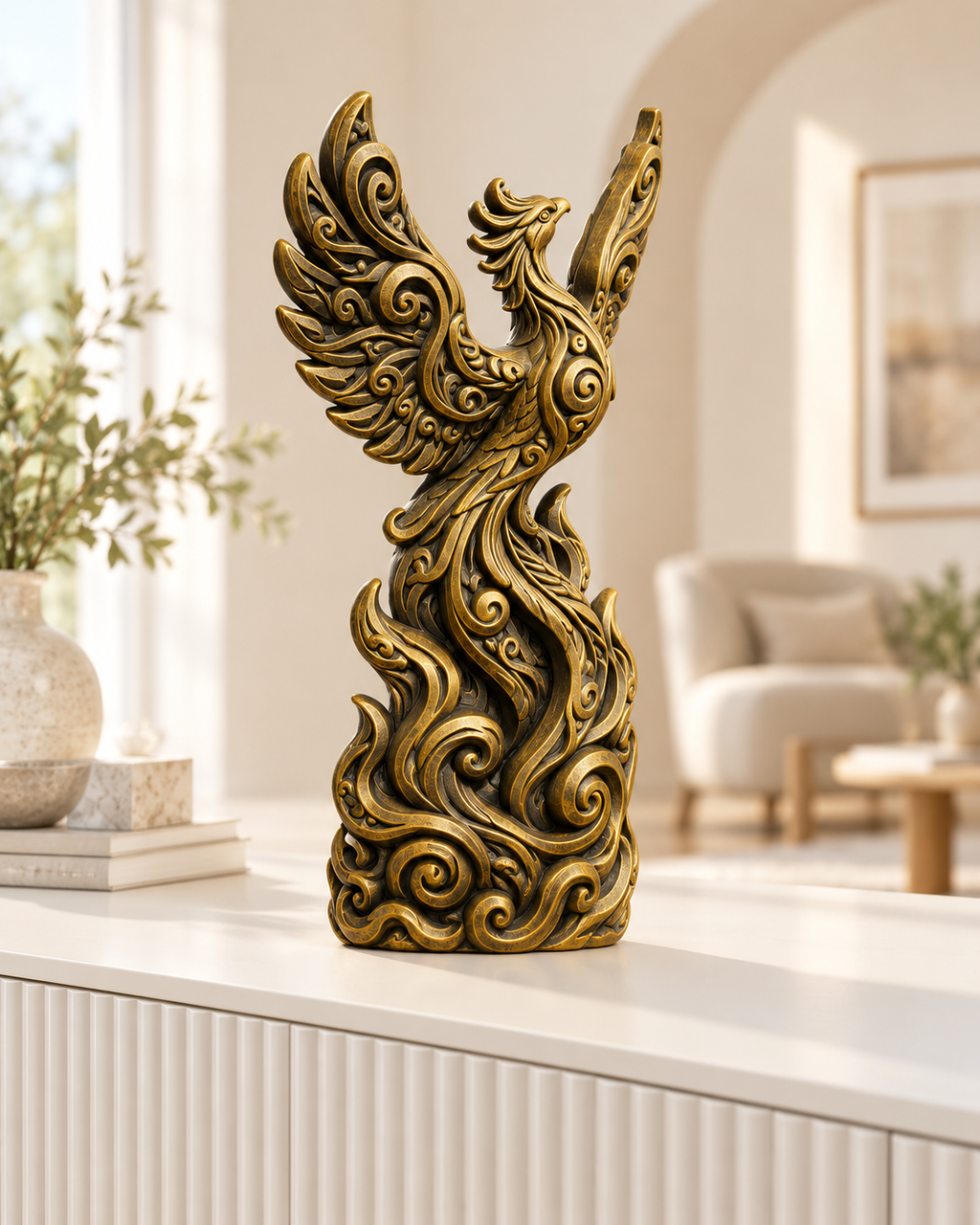 Phönix in Flammen Ornament - Gold handbemalt Wohnzimmer