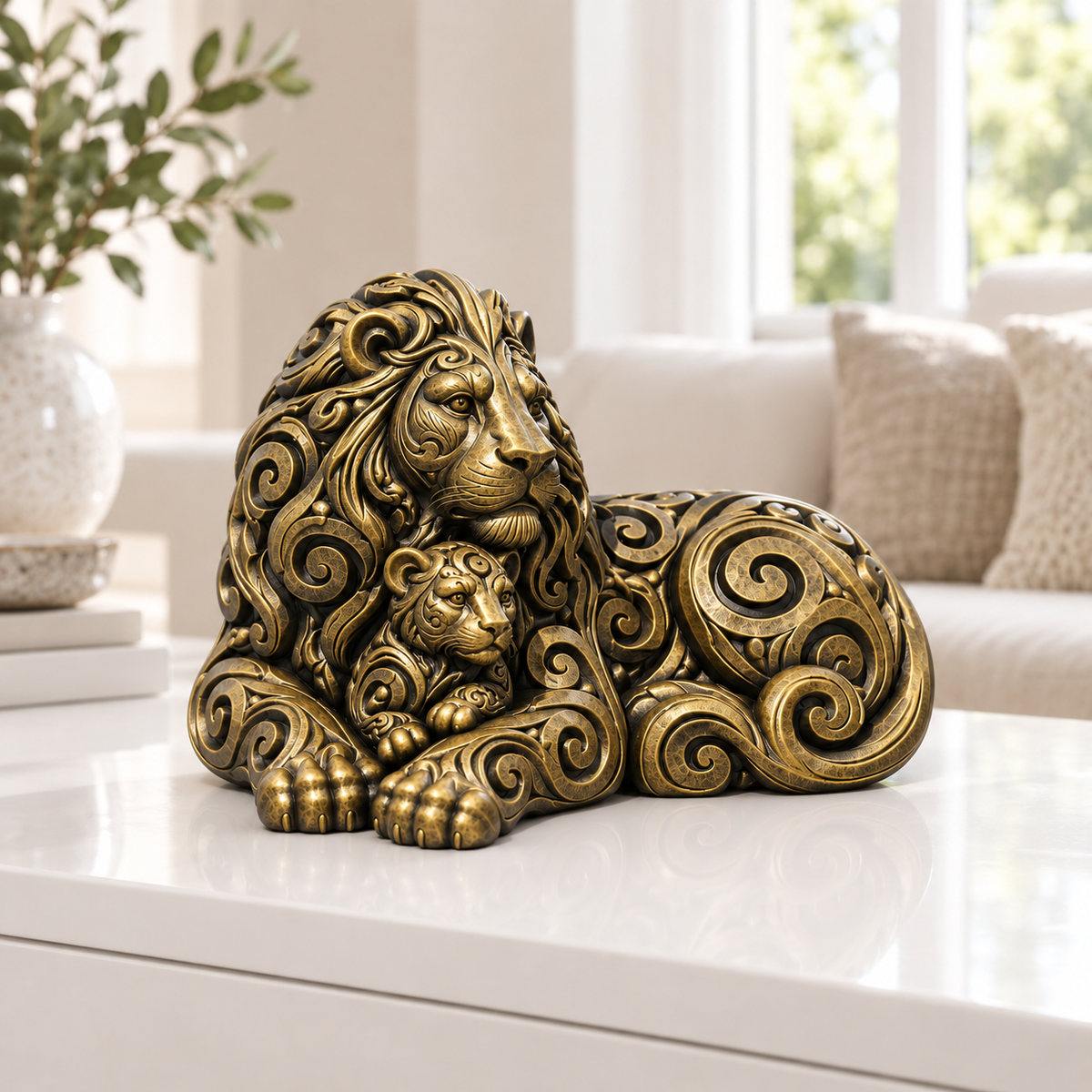 Löwe mit Jungem Ornament - Gold handbemalt Wohnzimmer