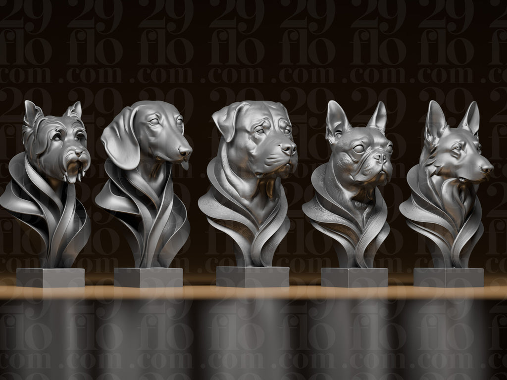 5 moderne Hundebüsten – Yorkshire Terrier, Dackel, Rottweiler, Boston Terrier & Deutscher Schäferhund FehnFactory