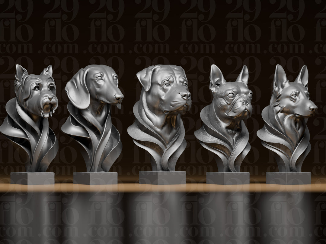 5 moderne Hundebüsten – Yorkshire Terrier, Dackel, Rottweiler, Boston Terrier & Deutscher Schäferhund FehnFactory