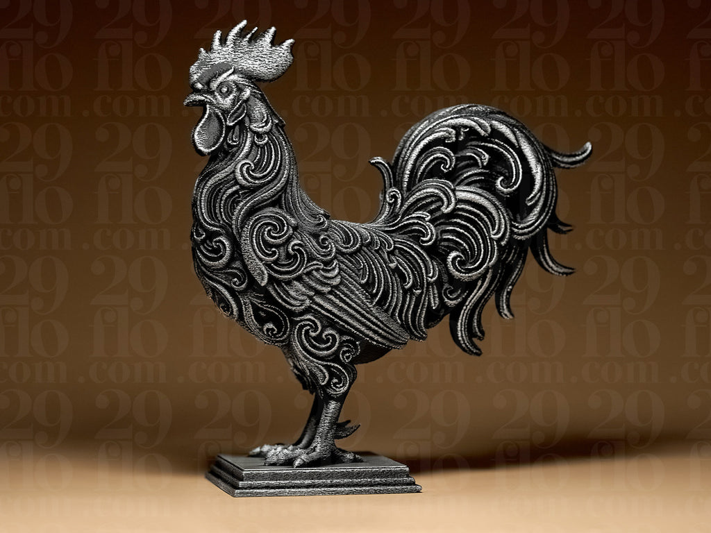 Florale Hahn-Skulptur – Ornamentaler Vogel auf Sockel FehnFactory
