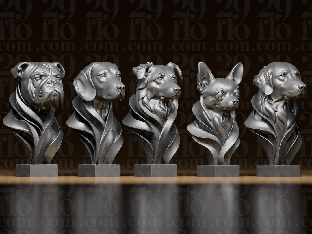 5 moderne Hundebüsten – Bulldogge, Beagle, Australian Shepherd, Chihuahua & Golden Retriever FehnFactory