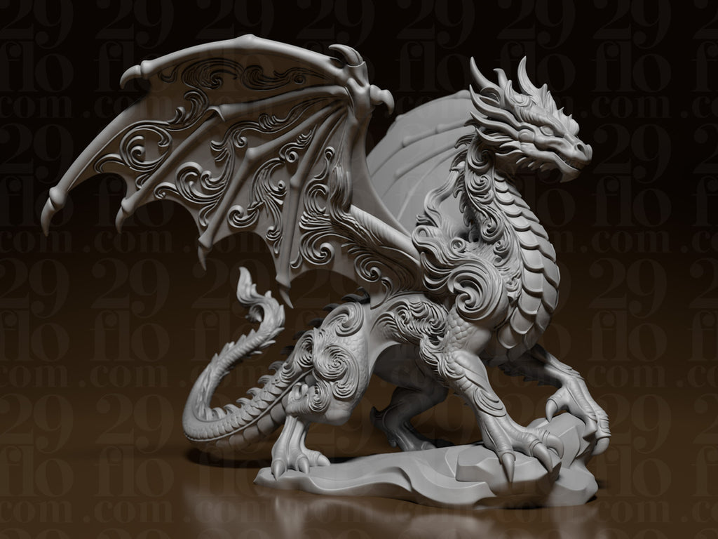 Floral-Drachenskulptur – Geflügelter Fantasy-Drache FehnFactory