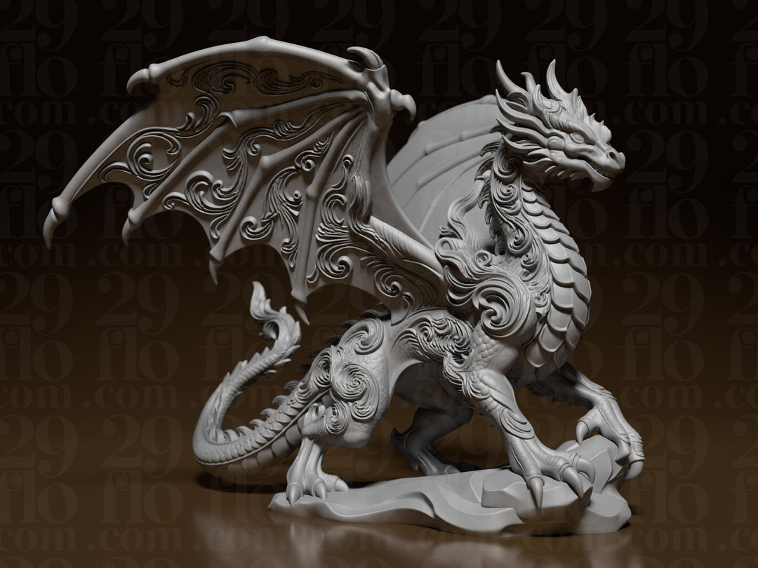 Floral-Drachenskulptur – Geflügelter Fantasy-Drache FehnFactory