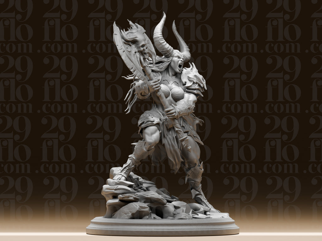 Dämonenkriegerin mit Totenkopf-Axt – Dark-Fantasy Skulptur FehnFactory