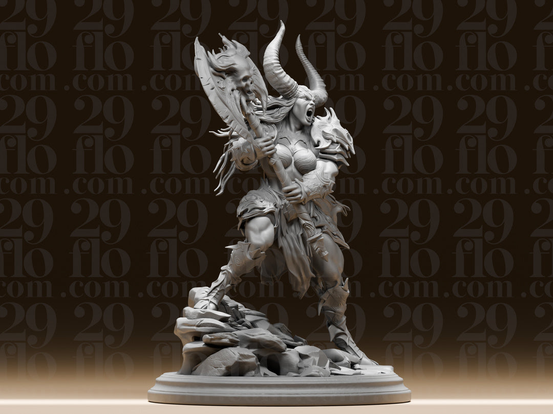 Dämonenkriegerin mit Totenkopf-Axt – Dark-Fantasy Skulptur FehnFactory